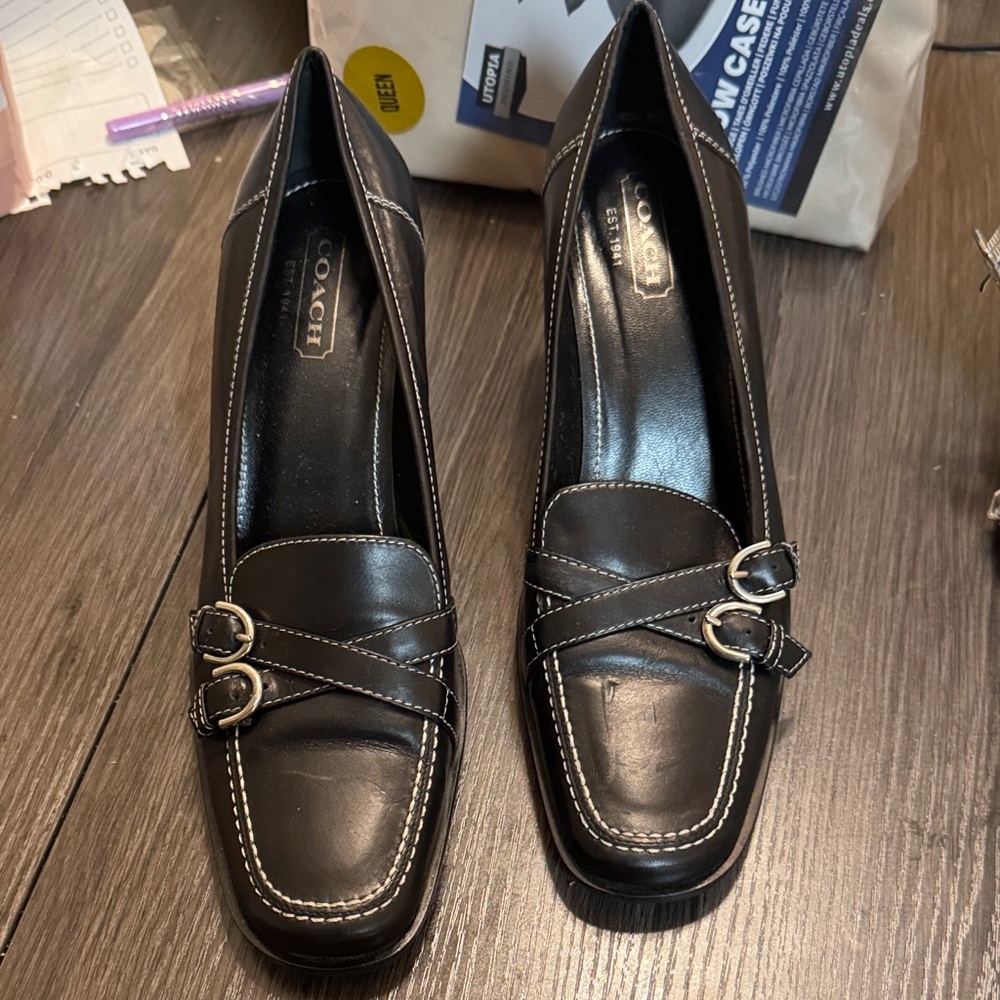 Coach Black Leather Loafers with Buckle Detail